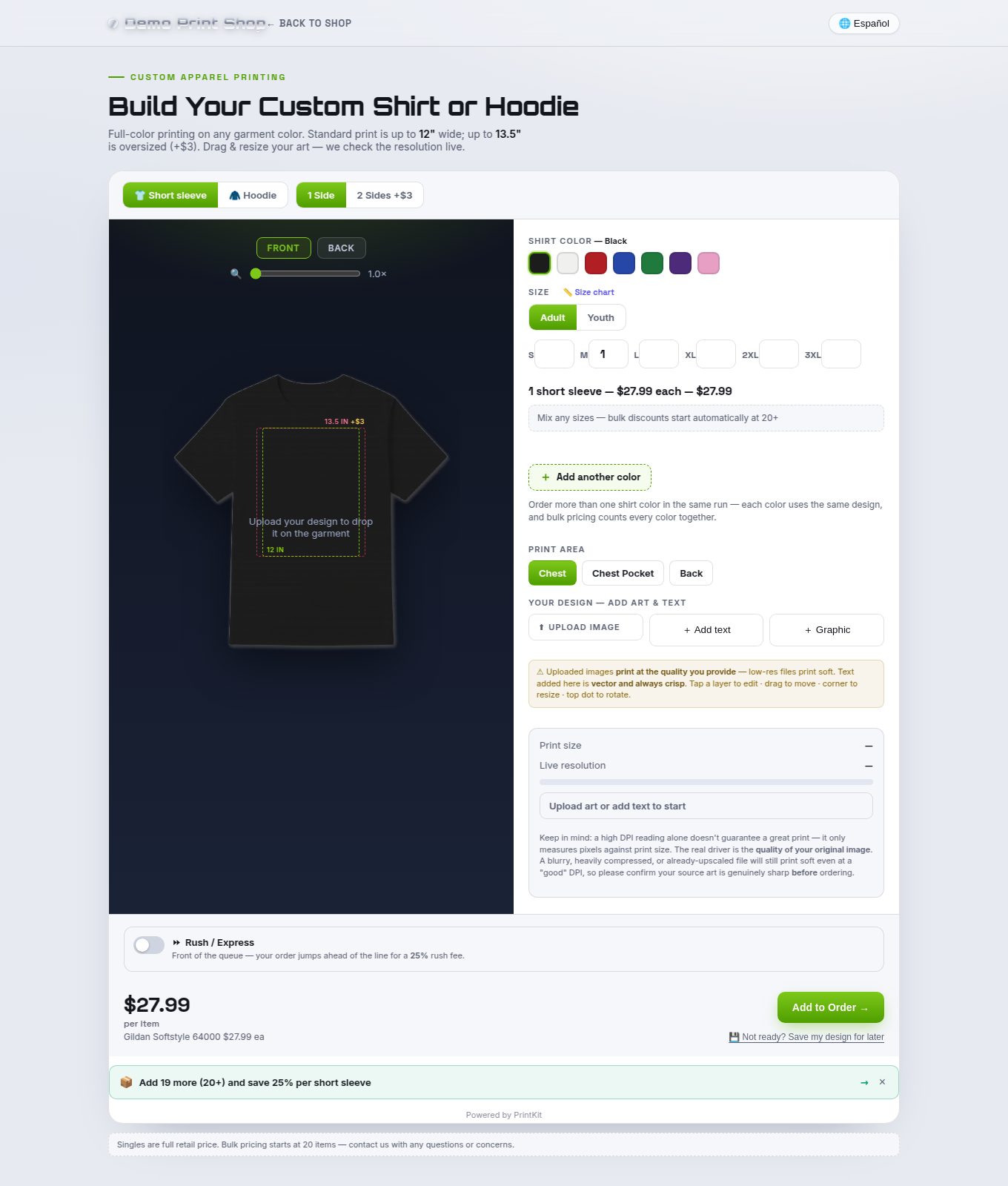 The Full Color Apparel Builder on a storefront product page: garment and side tabs, a true-scale canvas with print-area guides, color swatches with the selected color named, an adult/youth size grid, print area buttons and a live resolution panel.