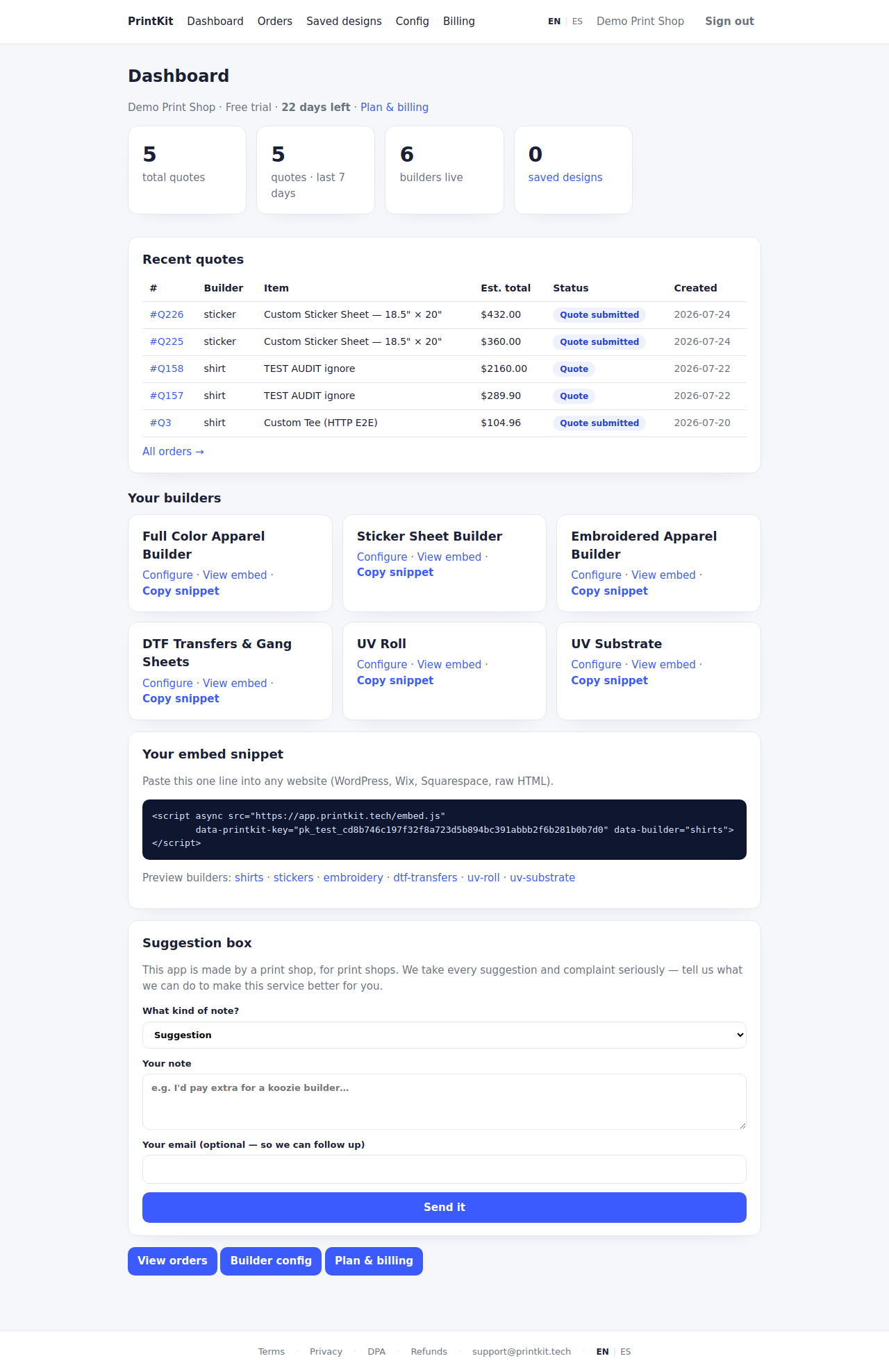 The PrintKit merchant portal dashboard: trial status, quote and builder counts, recent quotes, builder cards with Configure and Copy snippet links, and the embed snippet.