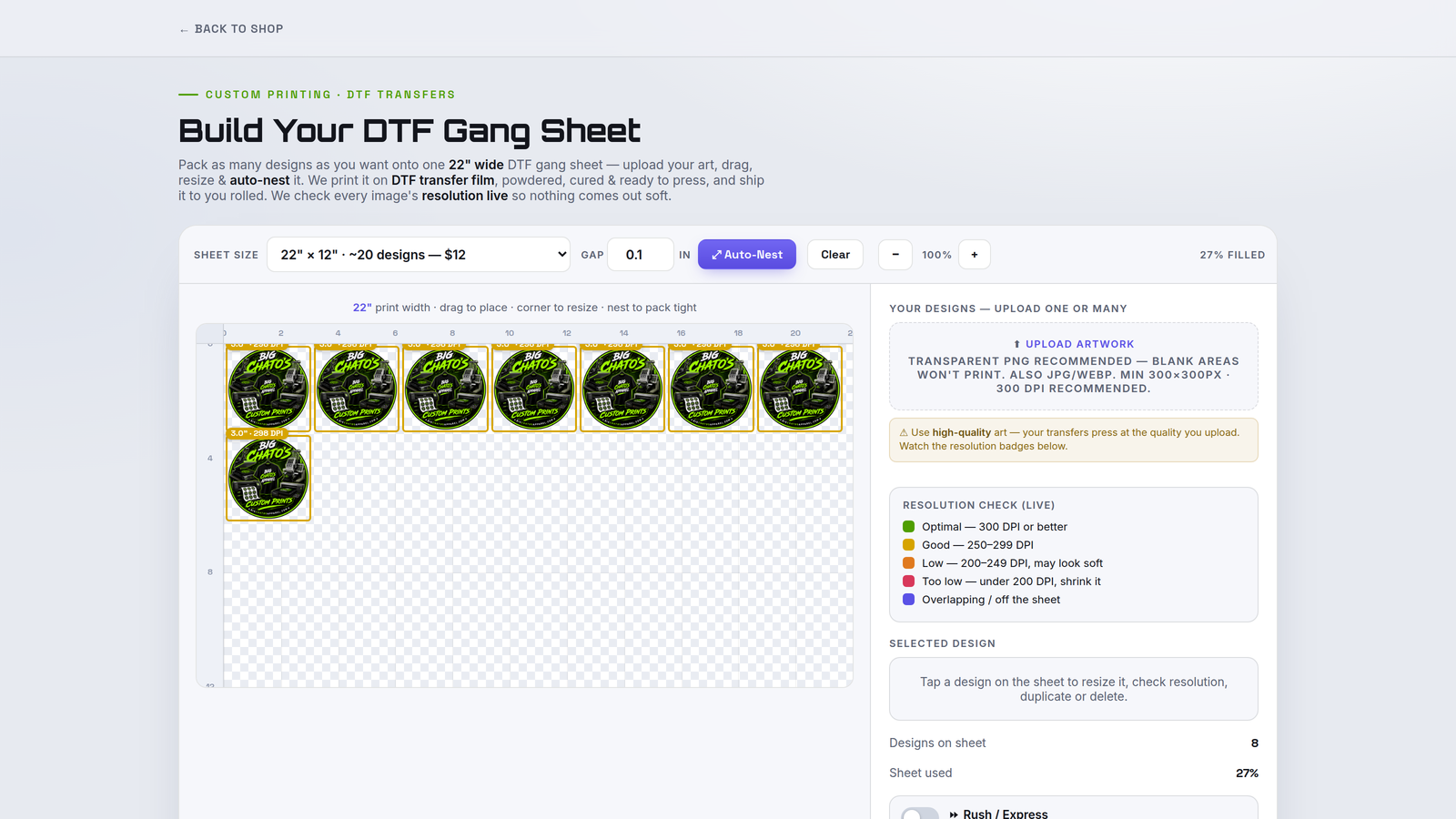 DTF Gang Sheet Builder — transfers packed onto a gang sheet at the shop's roll width.