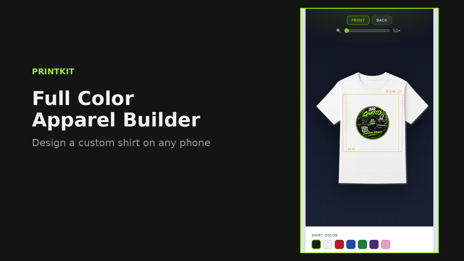 Full Color Apparel Builder on a phone.