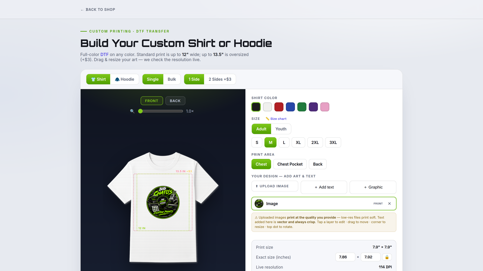 PrintKit Full Color Apparel Builder on a storefront product page — a shopper designing a custom shirt with live print-area guides and a resolution check.