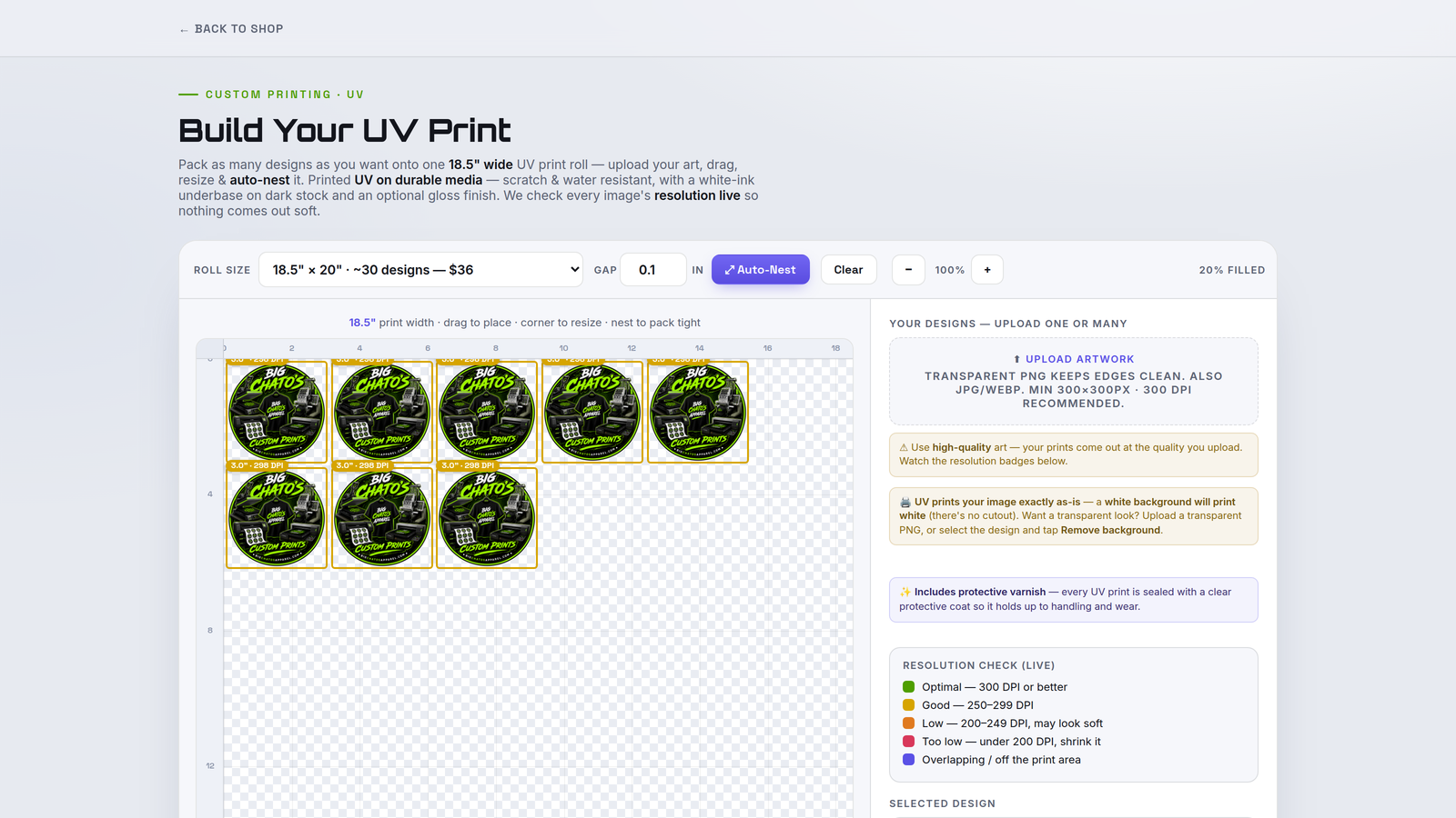 UV Roll and Sheet Builder — laying out UV DTF decals with cut contours.